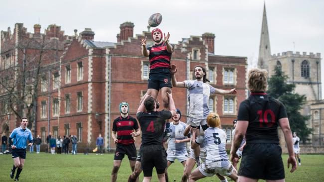 A lineout on the College pitch, with Jesus behind